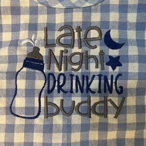 Blue Gingham Baby Bib – “Late Night Drinking Buddy” Embroidered Bib with Snap Cl